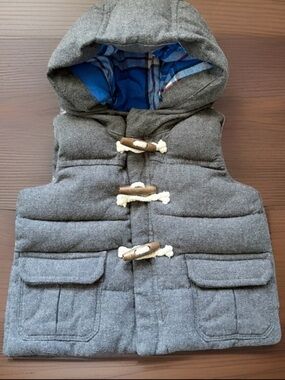 BABY GAP Puffer Vest Infant Boy 0-6m Gray Blue Plaid Flannel Lined Toggle Button